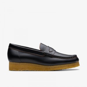 Black Smooth Leather Clarks Wallabee Loafer | CLKS-85403