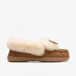 Cognac Clarks Roll Mocc Slippers | CLKS-84674