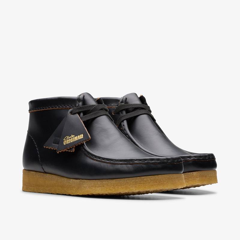 Black Smooth Leather Clarks Wallabee Boot | CLKS-85552