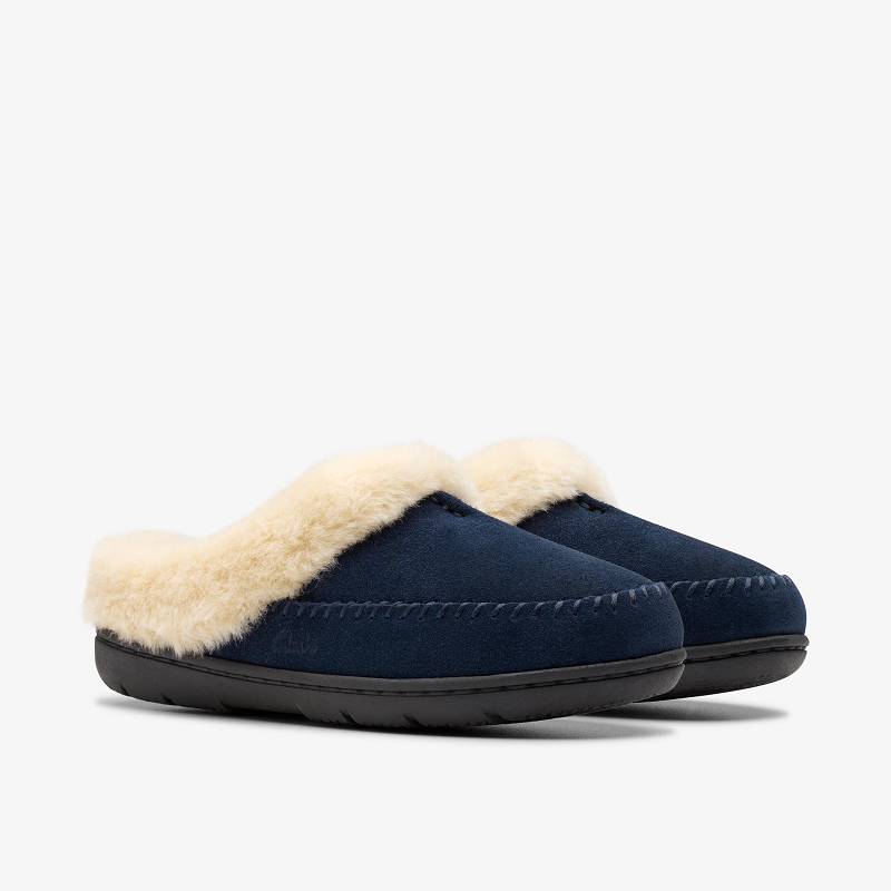 Navy Clarks Camelae Shine Slippers | CLKS-84677